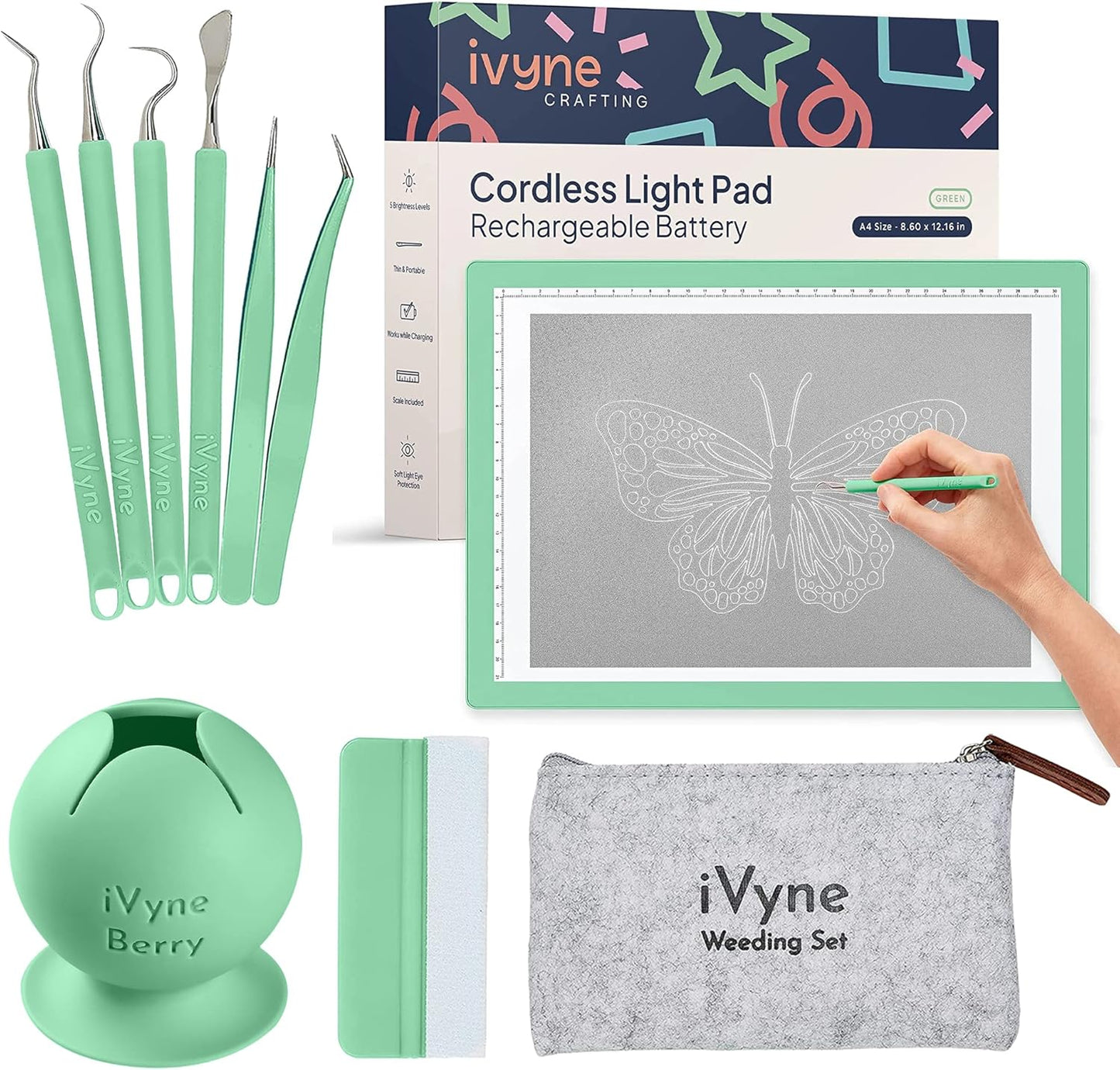 iVyne Complete Set Rechargeable A4 Light Pad, Weeding Tools for Vinyl, Scrap Collector for Cricut and Silhouette Machines for Every Tracing, Drawing Projects (Green)