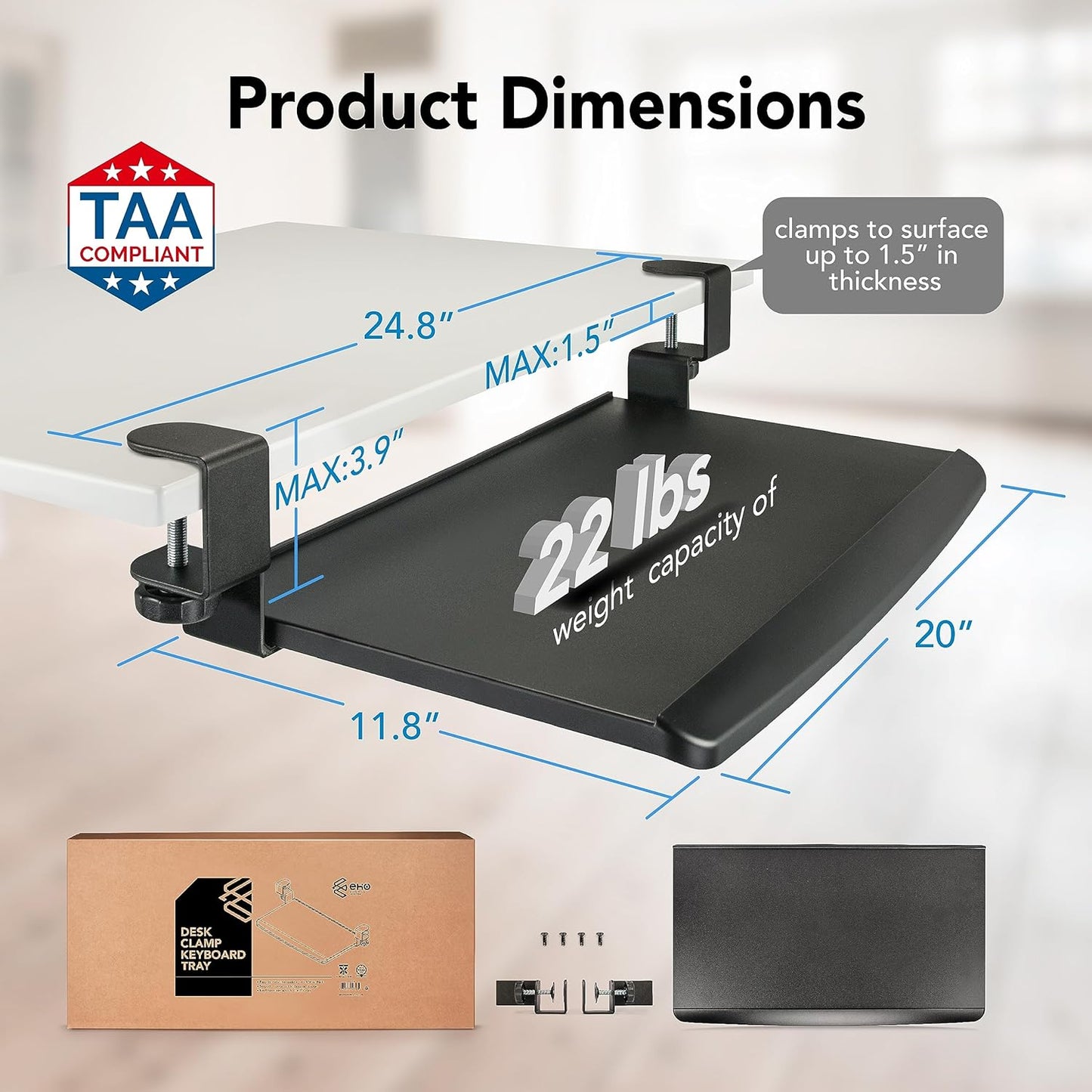EHO Large Ergonomic C-Clamp Keyboard Tray Mount Under Desk with Wrist Rest, Slide-Out Platform 27.5" (31.8" Including Clamps) x 12.5", Pull Out Keyboard & Mouse Tray for Home or Office, Black