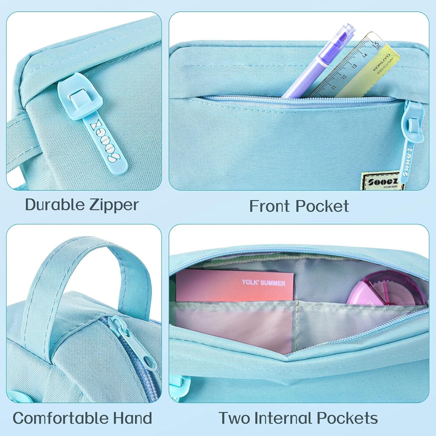 Sooez Original High Capacity Pencil Case, Big Pencil Bag Pouch Box Organizer Pen Case, Aesthetic Supply for Girls Adults, Portable Journaling Supplies with Easy Grip Handle & Loop, Mint Green