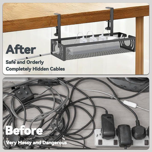Cable Management, 25.3'' Under Desk Cable Management Tray No Drill, Metal Cable Organizer with Clamp for Wire Management, Cord Organizer for Home Office, Desk Accessories Organizer, Black