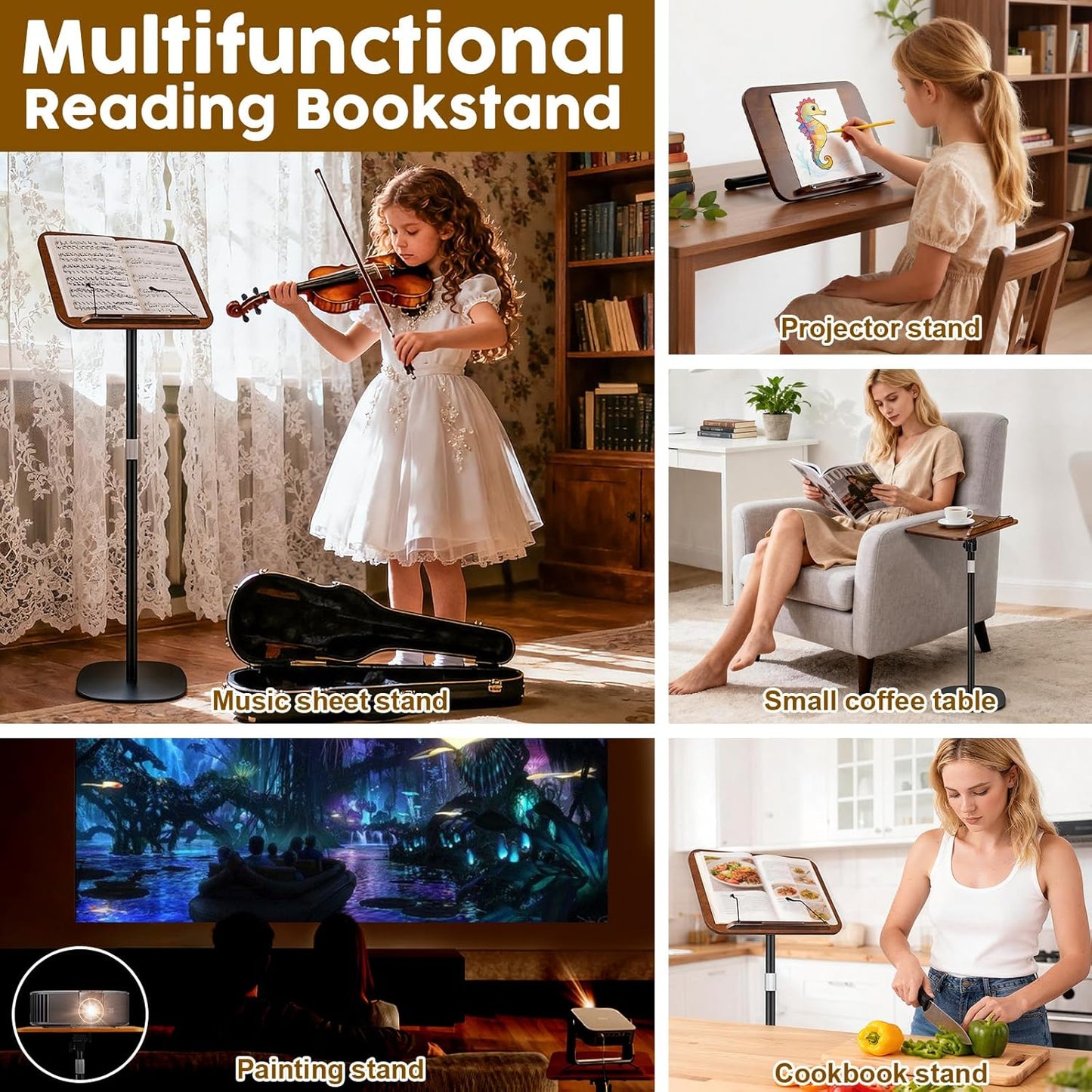 2 in 1 Dual-use Music Stand & Desktop Book Stand, Adjustable Height 16.5"-51", 100% Solid Wood Laptop Floor Stand Book Holder with Page Clips for Cookbooks, Sheet Music (Brown)