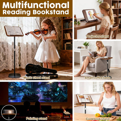 2 in 1 Dual-use Music Stand & Desktop Book Stand, Adjustable Height 16.5"-51", 100% Solid Wood Laptop Floor Stand Book Holder with Page Clips for Cookbooks, Sheet Music (Brown)