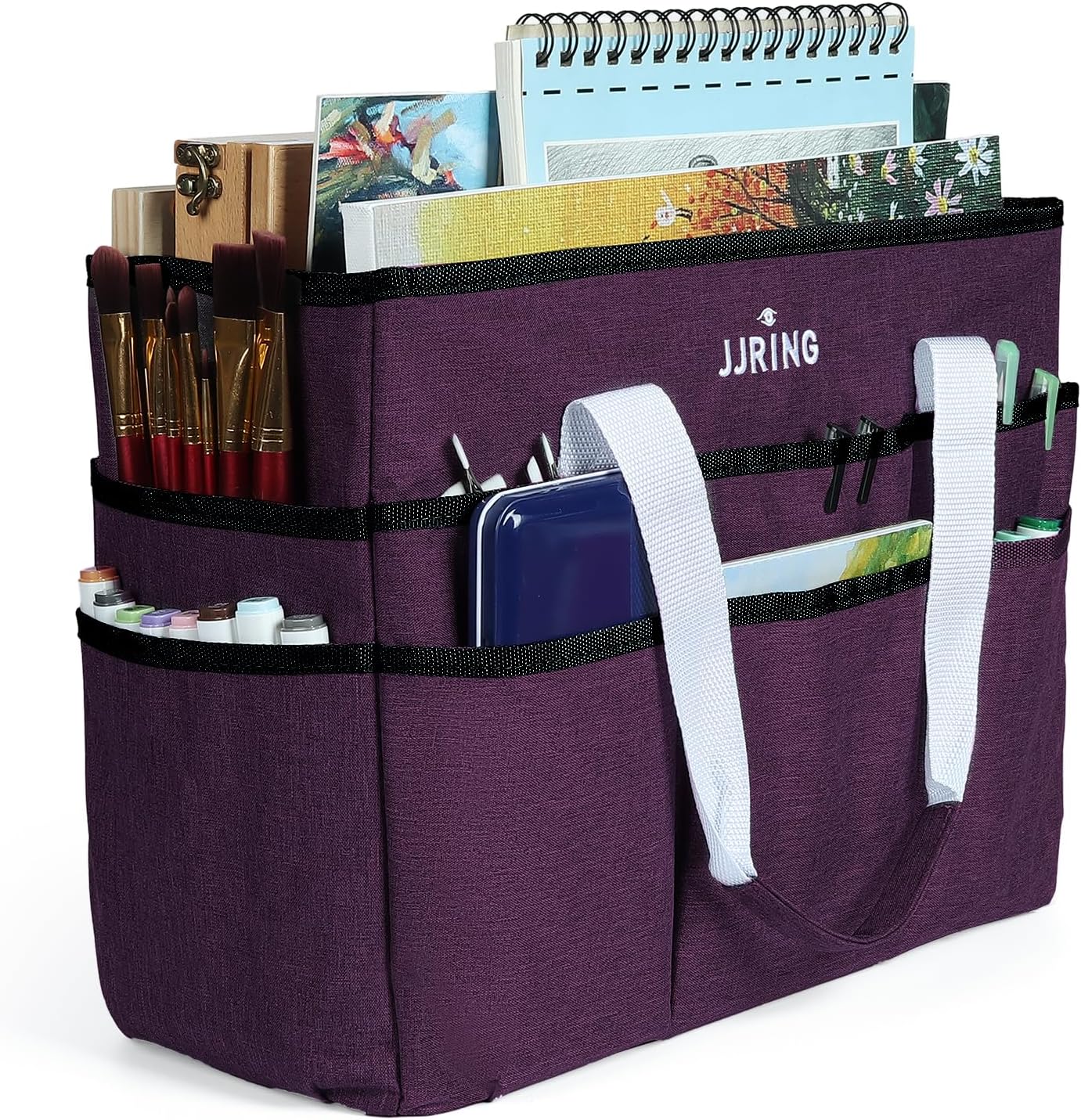 JJRING Craft Organizer Tote Bag for Art Storage, Caddy with Multiple Pockets, Bluish Green Sewing Bag for Scrapbooking, School, Medical, and Office Supplies