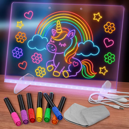 Upgraded 16-Inch LED Drawing Board Rechargeable – 7 Colors, 10 Lighting Effects, Adjustable Brightness – Acrylic Light Board for Tracing with Stand, Markers & Complete Set – Birthday Gift Idea (Black)