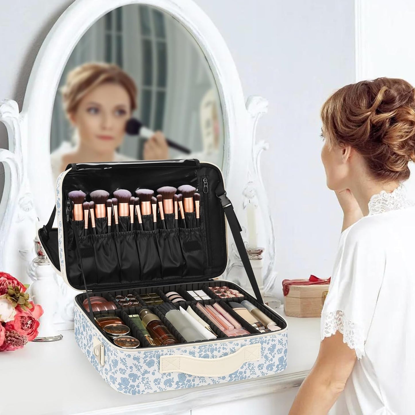 Relavel Makeup Case Large Makeup Bag Professional Train Case 16.5 inches Travel Cosmetic Organizer Brush Holder Waterproof Makeup Artist Storage Box, 3 Layer Large Capacity, with Adjustable Strap