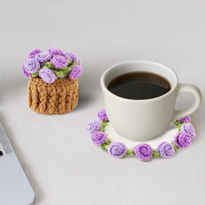 Flower Crochet Coasters, Handmade Bouquet Blanket Coaster with Crochet Plant Pot Fun Soft Decorative Drink Coasters for Coffee Tabletop Protection and Home Decor (Pink, 1Pc)