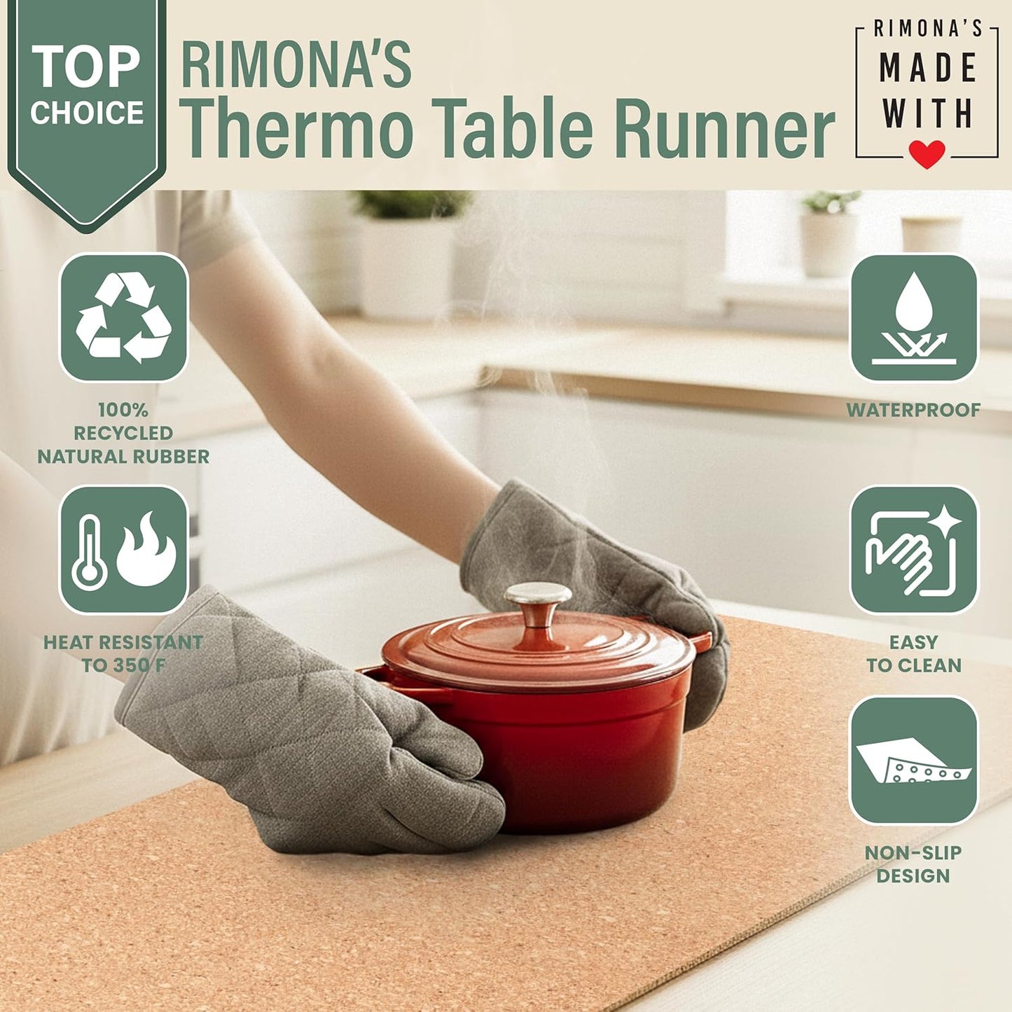 RIMONA'S Heat Resistant Table Runner - Waterproof, Trivet Runner, Heat Proof Table Protector, Trivet Table Runner, Ideal for Gifting, Mother-in-Law Gift, All-Natural Cork Table Runner