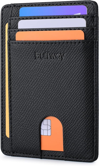Buffway Slim Minimalist Front Pocket RFID Blocking Leather Wallets for Men and Women - Carbon Fiber Black - Colors A