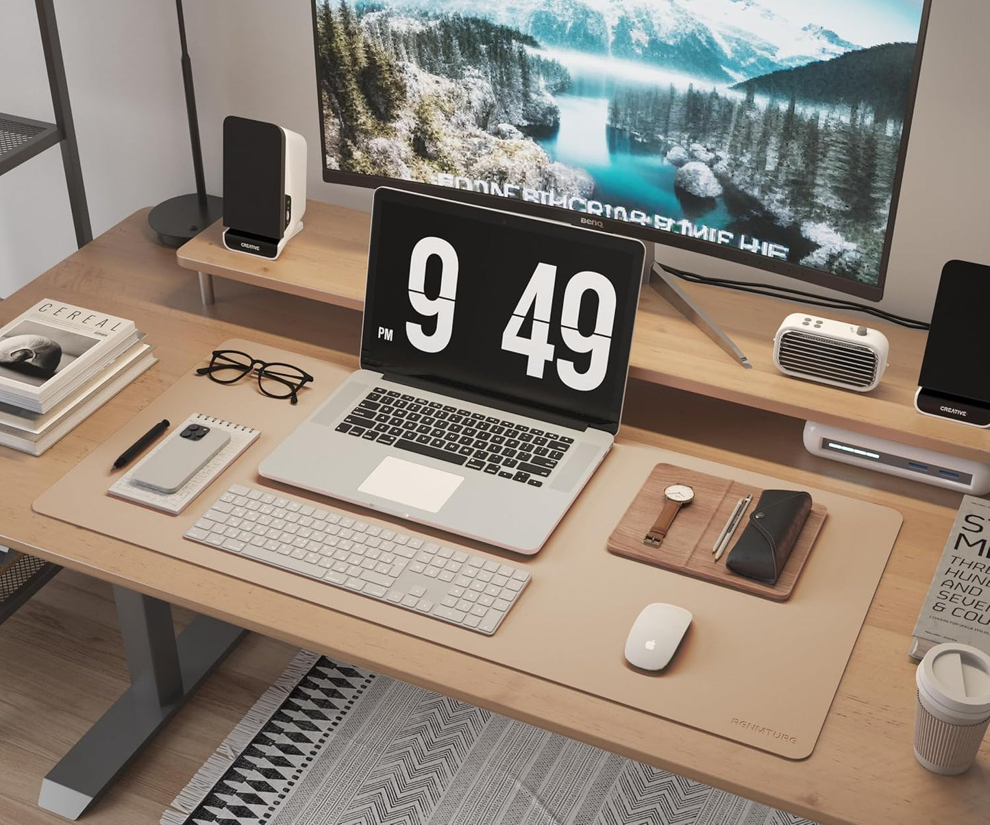 RENMTURE Desk Pad, Cork & PU Leather Desk Mat, Large Mouse pad, Non-Slip Desk Protector and Blotter, Waterproof Writing Pad, Desk Accessories and Organizers for Home Office (Light Yellow, 32"x16")