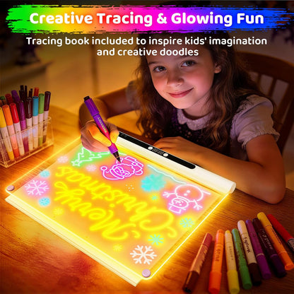 16“ Rechargeable LED Drawing Board, 9-Color Light Modes with Timer & Built-in Stand, Neon Art Dry Erase Glow Up Doodle Note Pad, Sketching Gift Toy for Kids/Girls/Teens, 6 Markers & Tracing Book