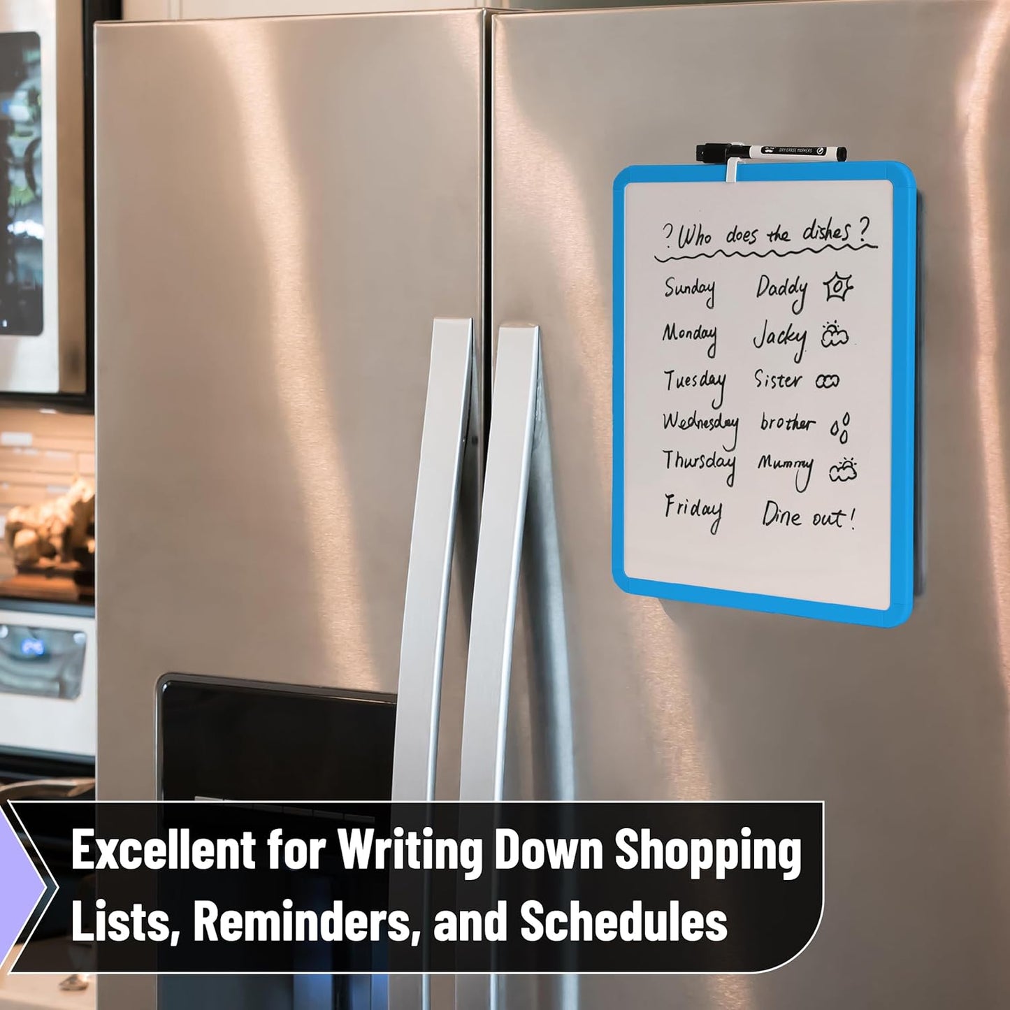 Mr. Pen- Dry Erase Board, 14” x 11” with a Black Dry Erase Marker, White Frame, Small Mini White Board for Students, Fridge, Wall, Locker, Includes Double Sided Tapes