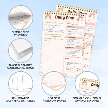 Decorably 52 Sheets Nude Pink Undated Daily to Do List Notepad, 6.5x10in Spring-Bound Easy Tear-Off Design, with Priorities, Checklist, Agenda, Reminders, Notes - Home, School, Office