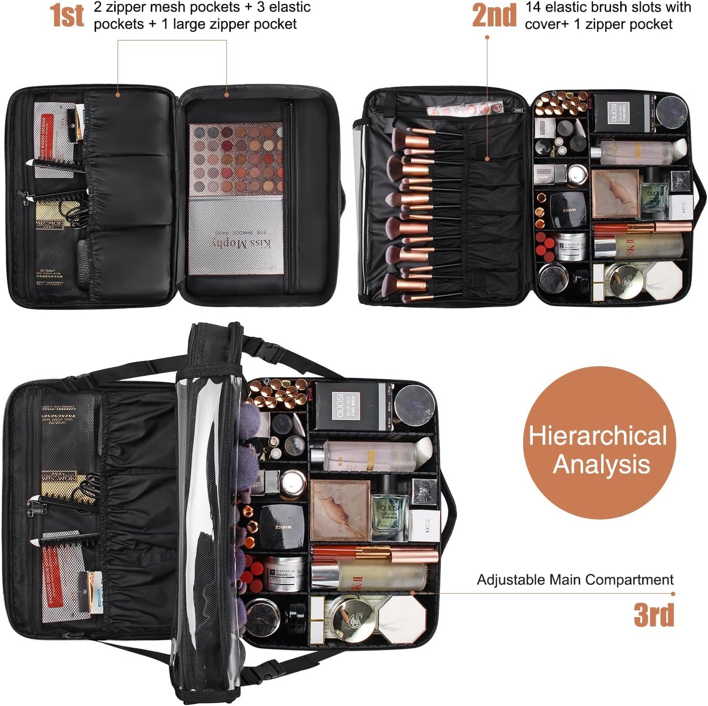Relavel Makeup Case Large Makeup Bag Professional Train Case 16.5 inches Travel Cosmetic Organizer Brush Holder Waterproof Makeup Artist Storage Box, 3 Layer Large Capacity, with Adjustable Strap
