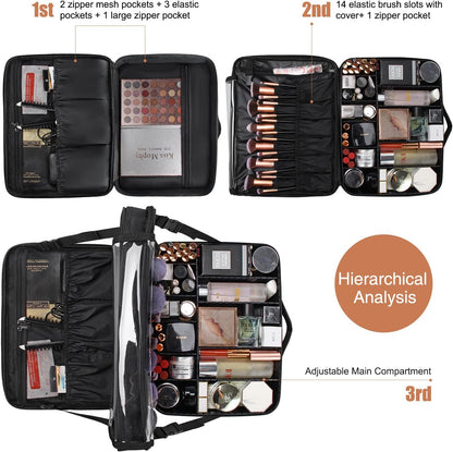 Relavel Makeup Case Large Makeup Bag Professional Train Case 16.5 inches Travel Cosmetic Organizer Brush Holder Waterproof Makeup Artist Storage Box, 3 Layer Large Capacity, with Adjustable Strap