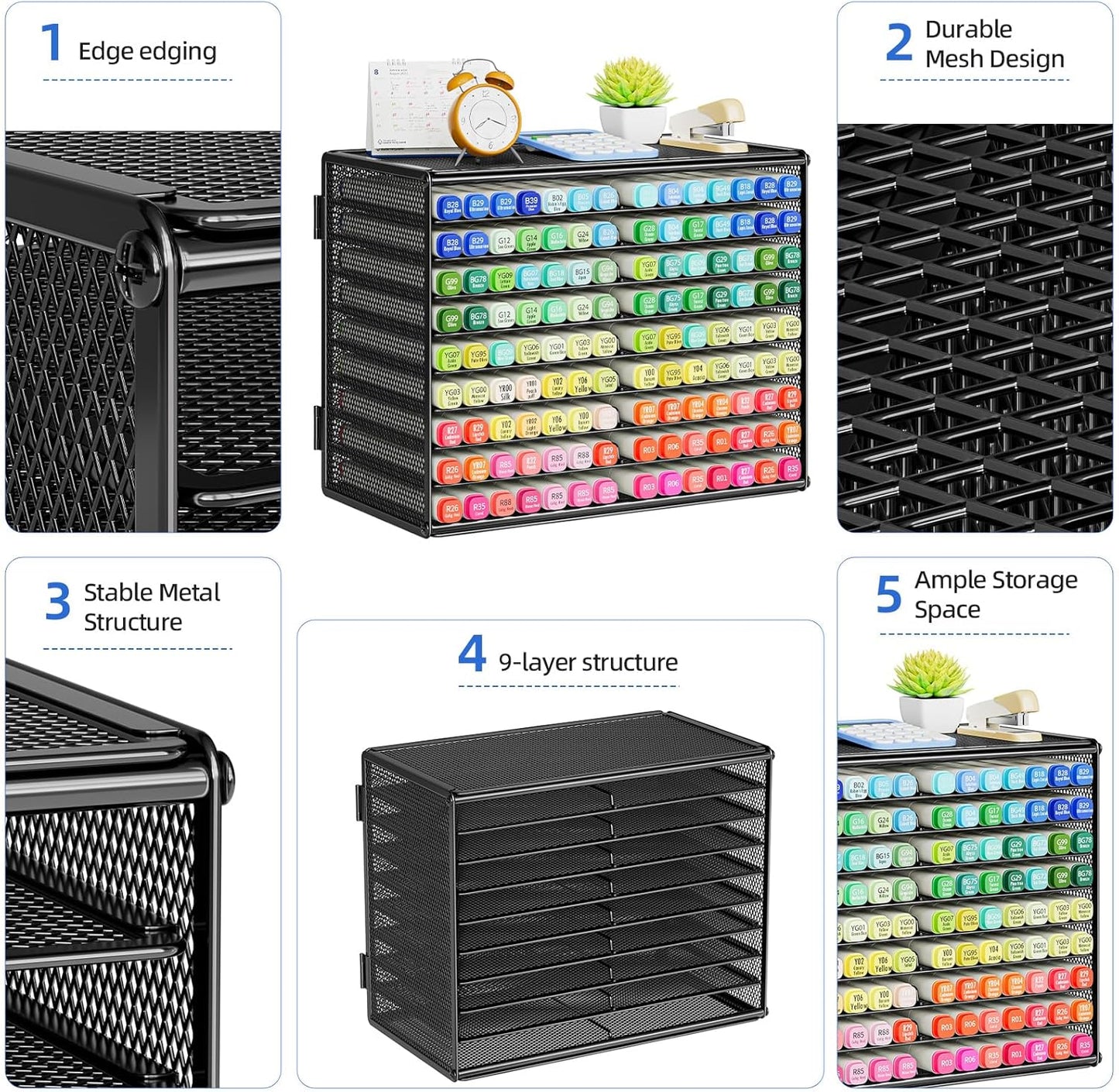 Marbrasse Mesh Marker Organizer, Metal Desktop Storage Rack for 126 Markers, Pens, Pencils, 9 Tier Marker Holder for Office Classroom & Home Art Supplies(Black)