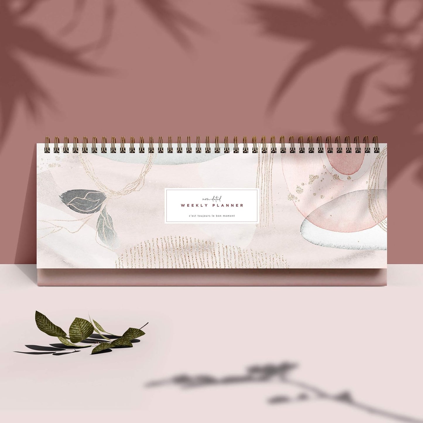 Pink Abstract Non-Dated Spiral Weekly Desk Calendar Planner, 60 Week Inspirational To Do List Pad Desktop Stand, 3.75" x 10.5", La Lune Collection by Bright Day