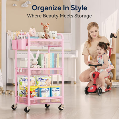 YASONIC 3 Tier Rolling Cart – Metal Utility Storage Carts with Wheels, Craft Carts Organizer with Hanging Cups, Hooks, Mesh Basket for Bedside Kitchen Office Art, Green