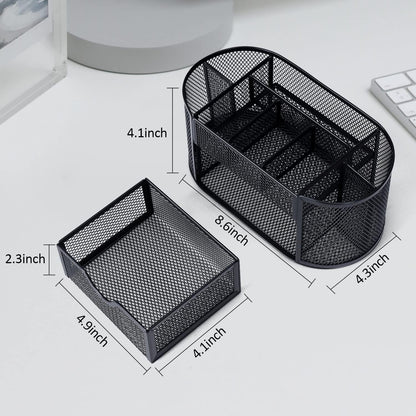 2-Piece Desk Pen & Pencil Organizer - Mesh Metal Pen Cup with Sticky Notes Holder, Black | Pen Cup