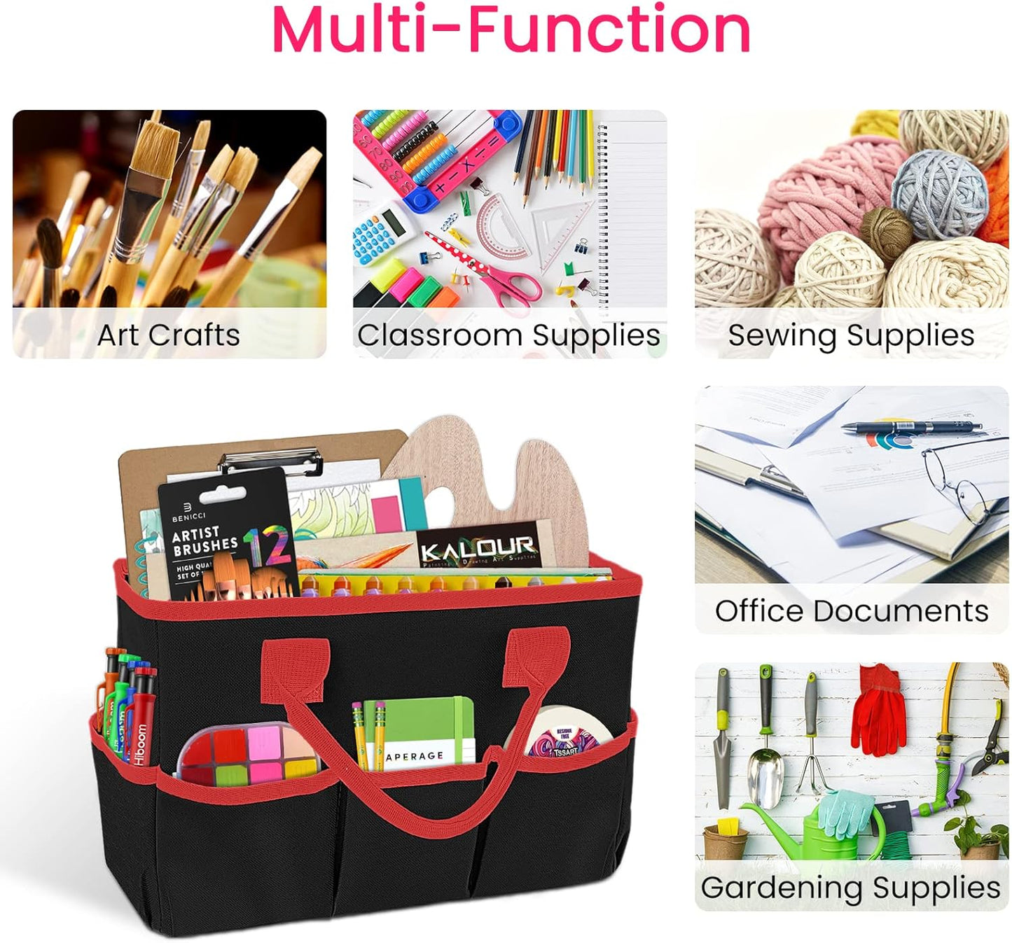Desktop Tote and Stock Organizer, Teacher Helper Tote Bag Organization for Arts, Books, Stationery, Office Desk Organizer, Make-up Storage Tote with Handles for Travel, Black-Gray