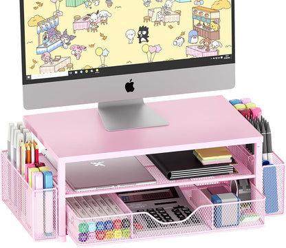 OPNICE Wood Desk Organizers and Accessories, 2-Tier Computer Monitor Stand Riser with Drawer and 2 Pen Holders, Laptop Stand, Office Desk Accessories for Office Supplies, Brown