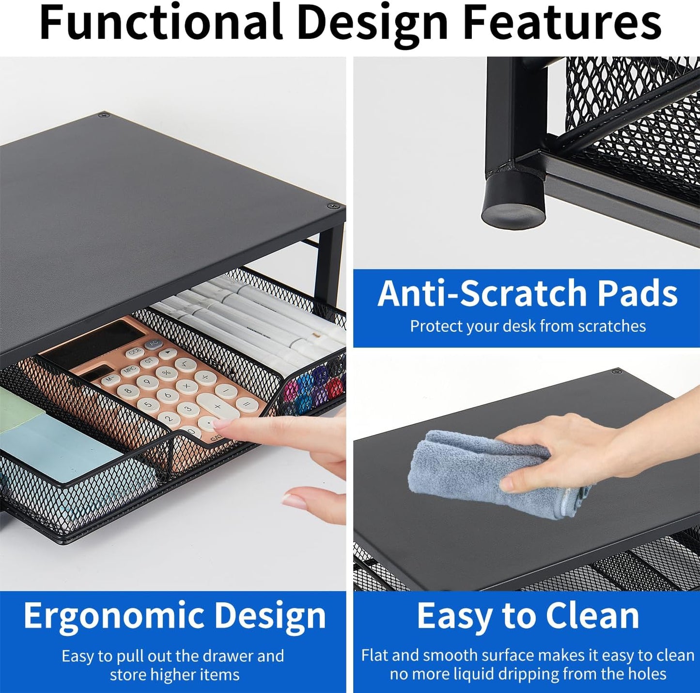 Wood Metal Monitor Stand Riser, Laptop Stand for Desk, Office Desk Organizer and Accessories, Computer Desktop Shelf with Drawer and Pen Holder, Printer Stand for Home, Office, Dorm (Natural Wood)