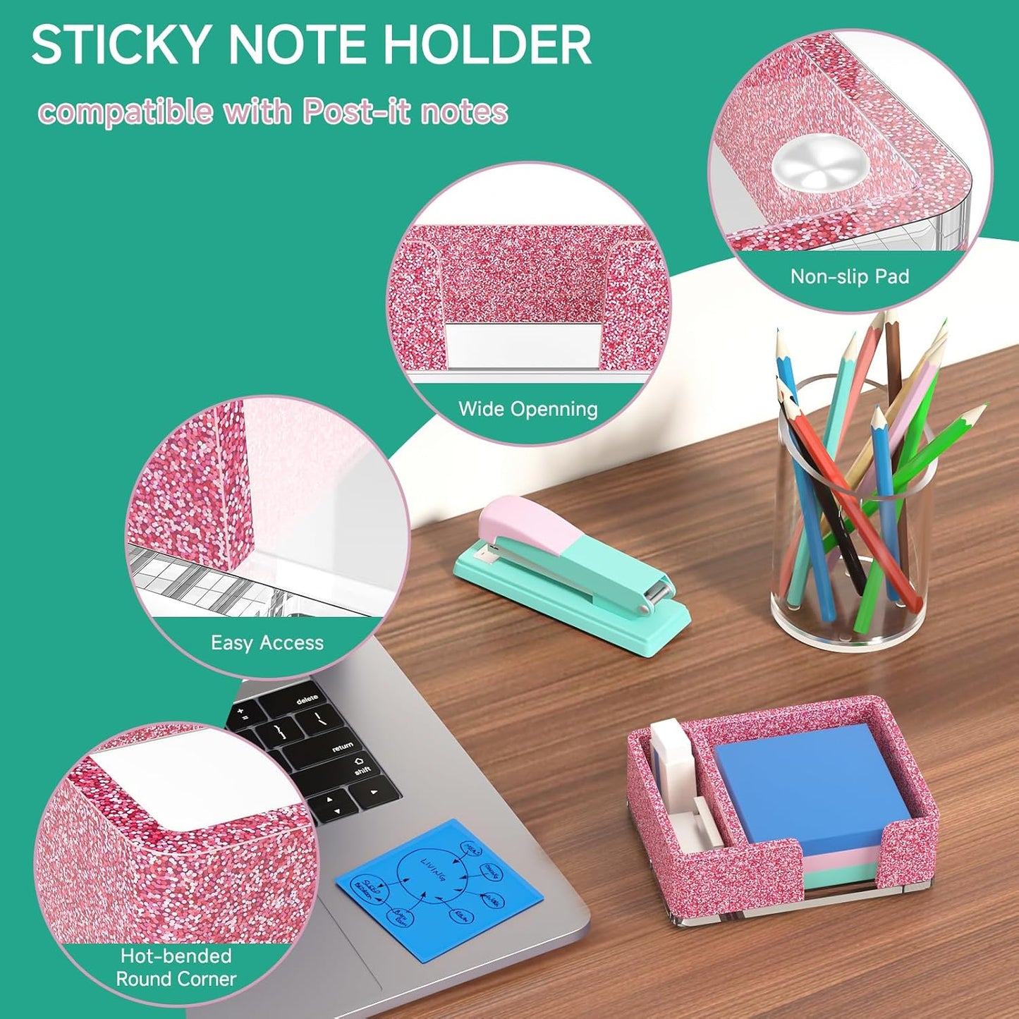 Sticky Note Holder, Glitter Pink Acrylic Notepad Holder 3x3 in Self-Stick Note Dispenser Office Desk Accessories, Memo Pad Holder Organizer for Classroom School Supplies