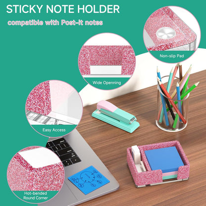 Sticky Note Holder, Glitter Pink Acrylic Notepad Holder 3x3 in Self-Stick Note Dispenser Office Desk Accessories, Memo Pad Holder Organizer for Classroom School Supplies