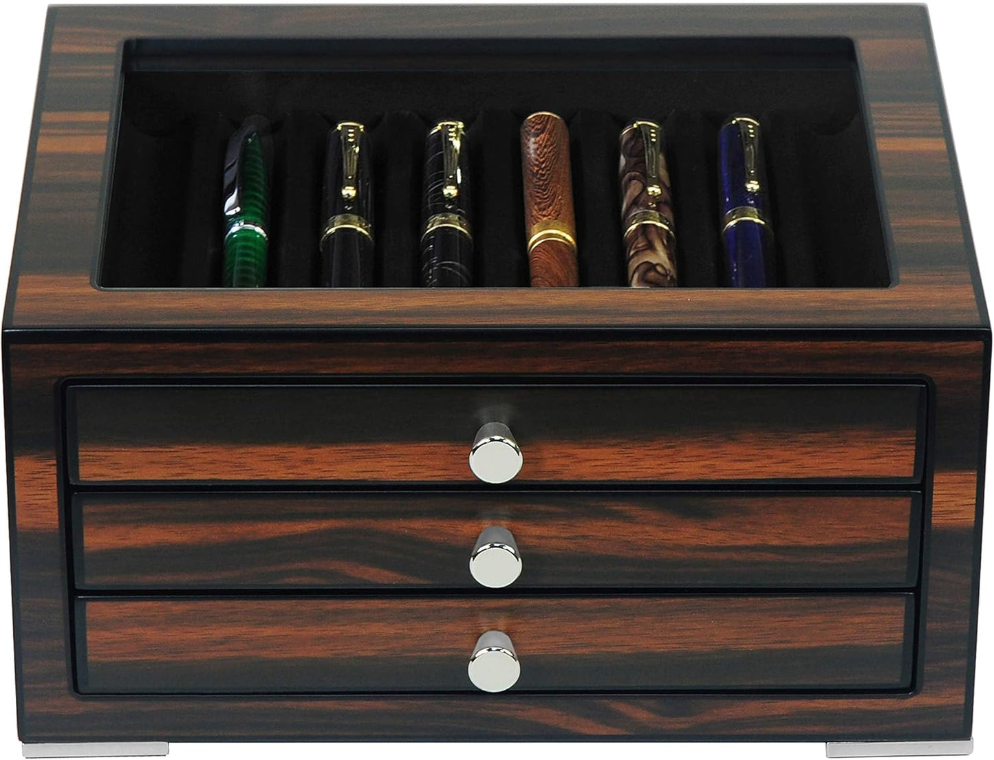 Stackable Wooden Display Case with Drawer – Slot Ebony Pen Cabinet, Luxury Fountain Pen Storage Box with Glass Window for Collection (2)