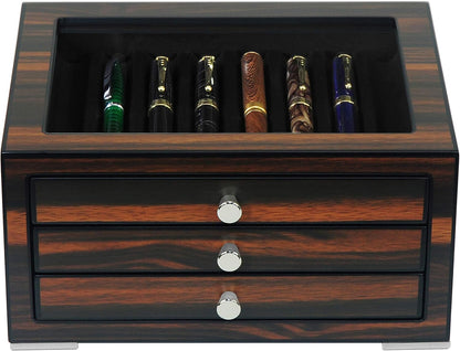 Stackable Wooden Display Case with Drawer – Slot Ebony Pen Cabinet, Luxury Fountain Pen Storage Box with Glass Window for Collection (2)