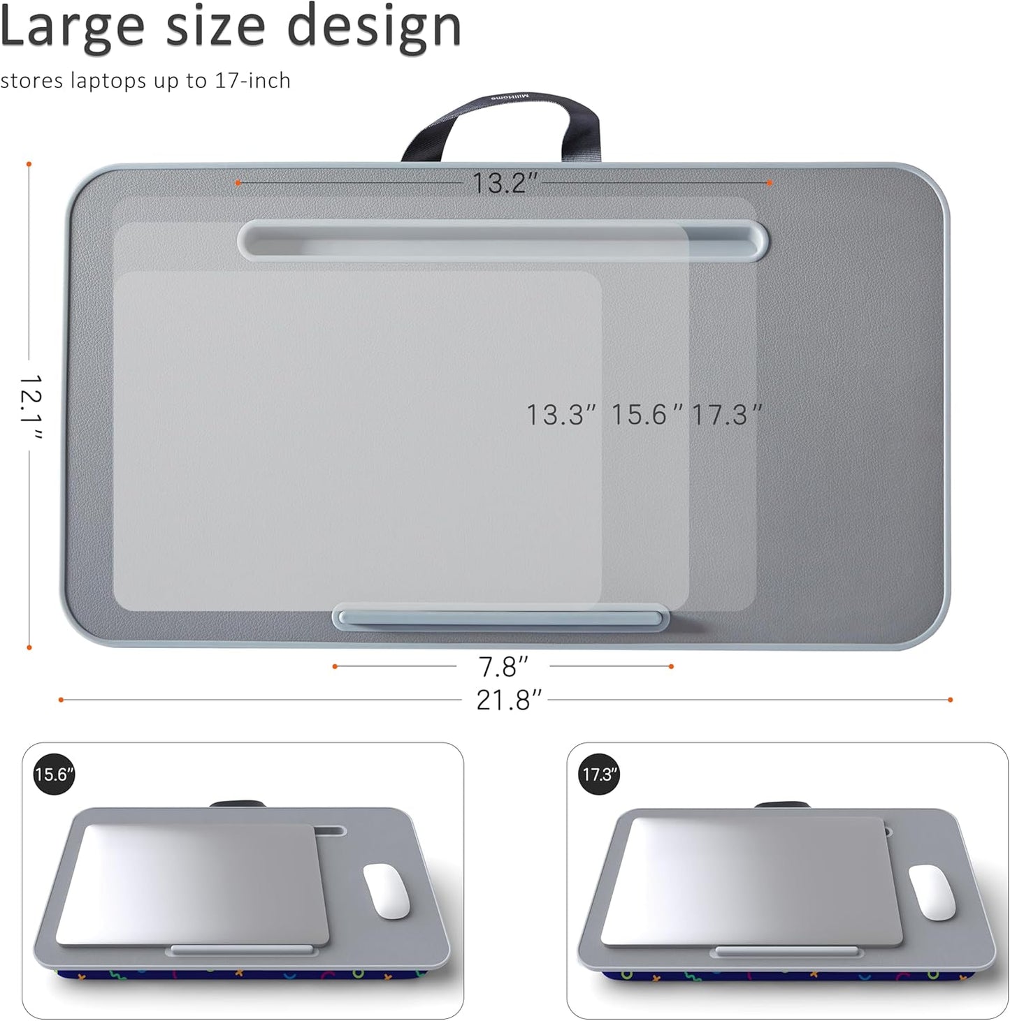 Lap Desk with Cushion, Fits up to 17 inch Laptop, Pillow Designed, Portable Laptop Stand with Tray, Pad & Phone Holder, Home Office for Bed/Couch/Car/Reading/Writing,MillHome (Black)