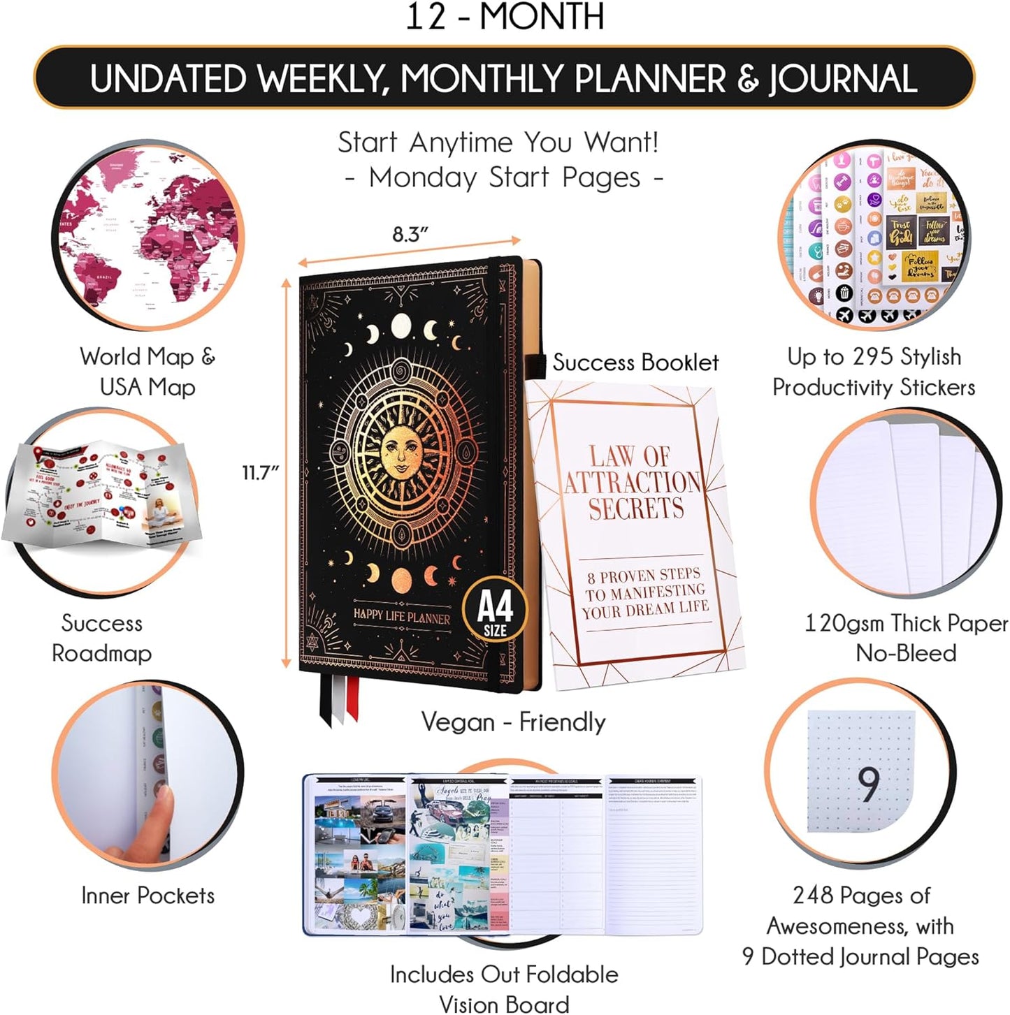 Life Planner - Undated Weekly & Monthly Planner, 12-Month Journey to Increase Productivity | Gratitude Journal, Life Organizer & Goal Journal | Include Foldable Vision Board, Habit Tracker & Stickers