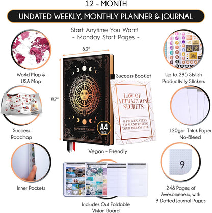 Life Planner - Undated Weekly & Monthly Planner, 12-Month Journey to Increase Productivity | Gratitude Journal, Life Organizer & Goal Journal | Include Foldable Vision Board, Habit Tracker & Stickers