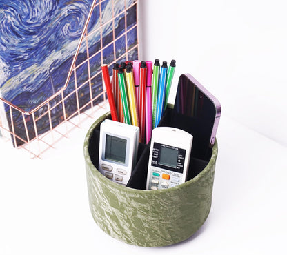 Round Leather Art Supply Organizer,Remote Control Holder,360 Degree Rotating,Multi-Functional Pencil Holder,4 Compartments Desktop Stationary Organizer(1-Fractal Flower) | Round - Colors C