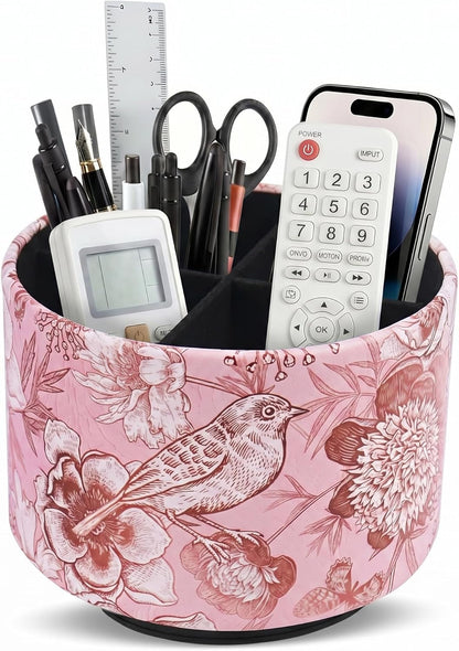 Round Leather Art Supply Organizer,Remote Control Holder,360 Degree Rotating,Multi-Functional Pencil Holder,4 Compartments Desktop Stationary Organizer(1-Fractal Flower) | Round - Colors C