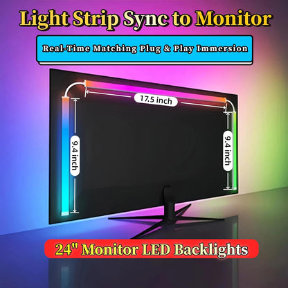 RGB Monitor Backlight with Screen Sync for 32 Inch Screens, Dual USB Powered LED Ambient Lighting Kit, Music Rhythm & Dynamic Modes, Immersive Bias Lighting for Home Office Gaming (4 Sides - 32 inch)