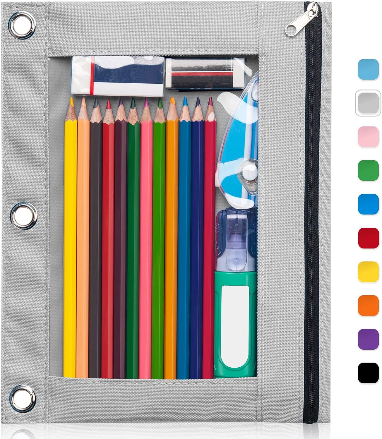 Forvencer Pencil Pouch for 3 Ring Binder, Large Pencil Case Pouch with 3 Reinforced Grommets, Pen Bag, Clear Window Pencil Case, Binder Accessories, Black