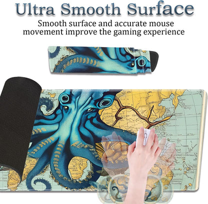 Mouse Wrist Rest and Keyboard Wrist Rest Pad Set, Non-Slip Rubber Base Smooth Surface Ergonomic Gaming Mouse Pad for Easy Typing and Pain Relief, Antique Blue Wood Grain Dog Paw + Coaster