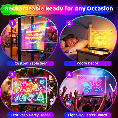 16“ Rechargeable LED Drawing Board, 9-Color Light Modes with Timer & Built-in Stand, Neon Art Dry Erase Glow Up Doodle Note Pad, Sketching Gift Toy for Kids/Girls/Teens, 6 Markers & Tracing Book