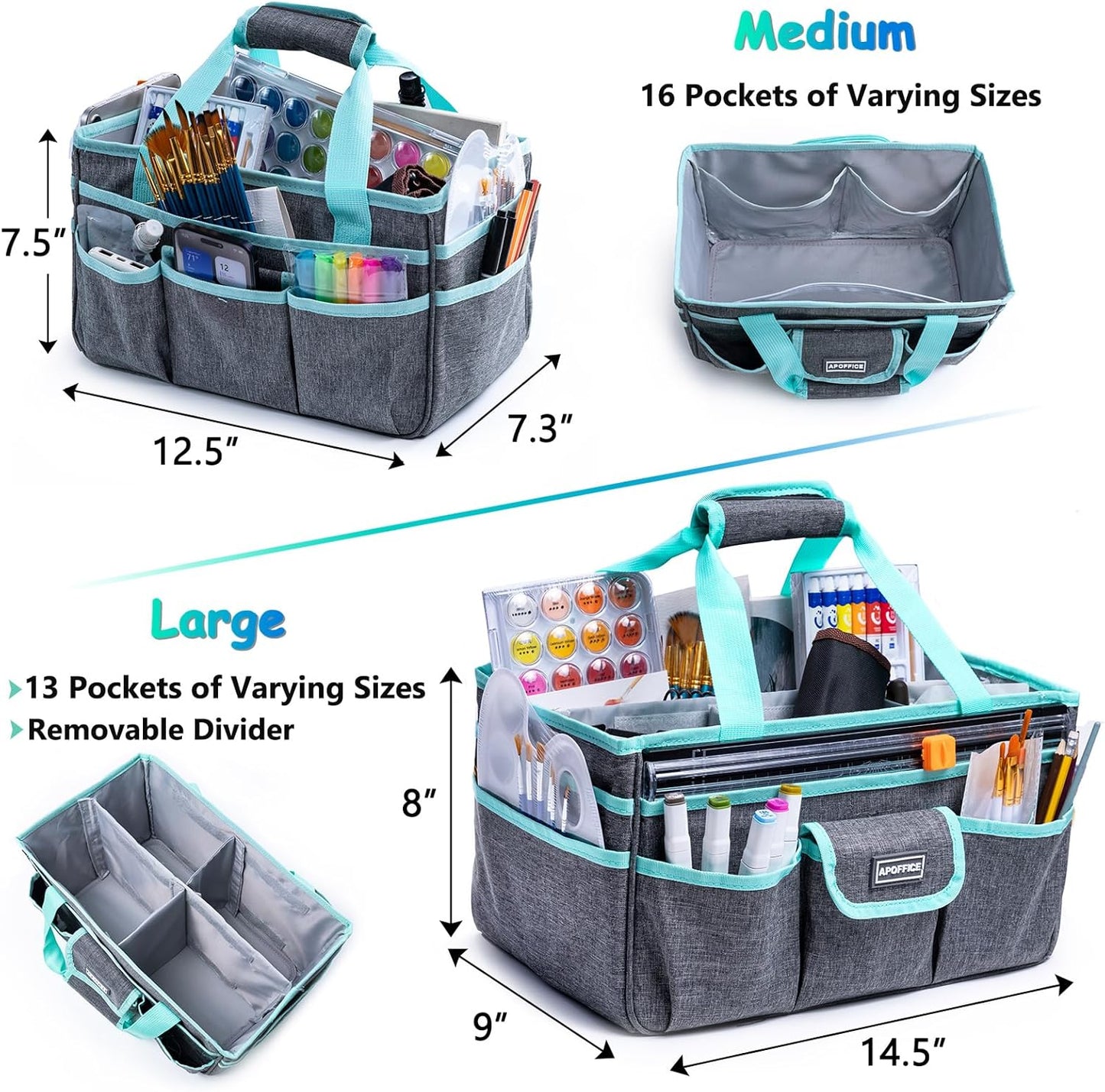 Art Supply Organizer Tote Bag – Craft Caddy with Handle, Utility Storage Tote with Multiple Pockets & Adjustable Divider for Stationary, Sewing, Scrapbooking, School, Office, Medical Supplies