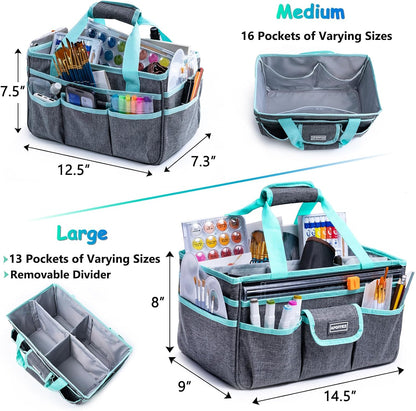 Art Supply Organizer Tote Bag – Craft Caddy with Handle, Utility Storage Tote with Multiple Pockets & Adjustable Divider for Stationary, Sewing, Scrapbooking, School, Office, Medical Supplies