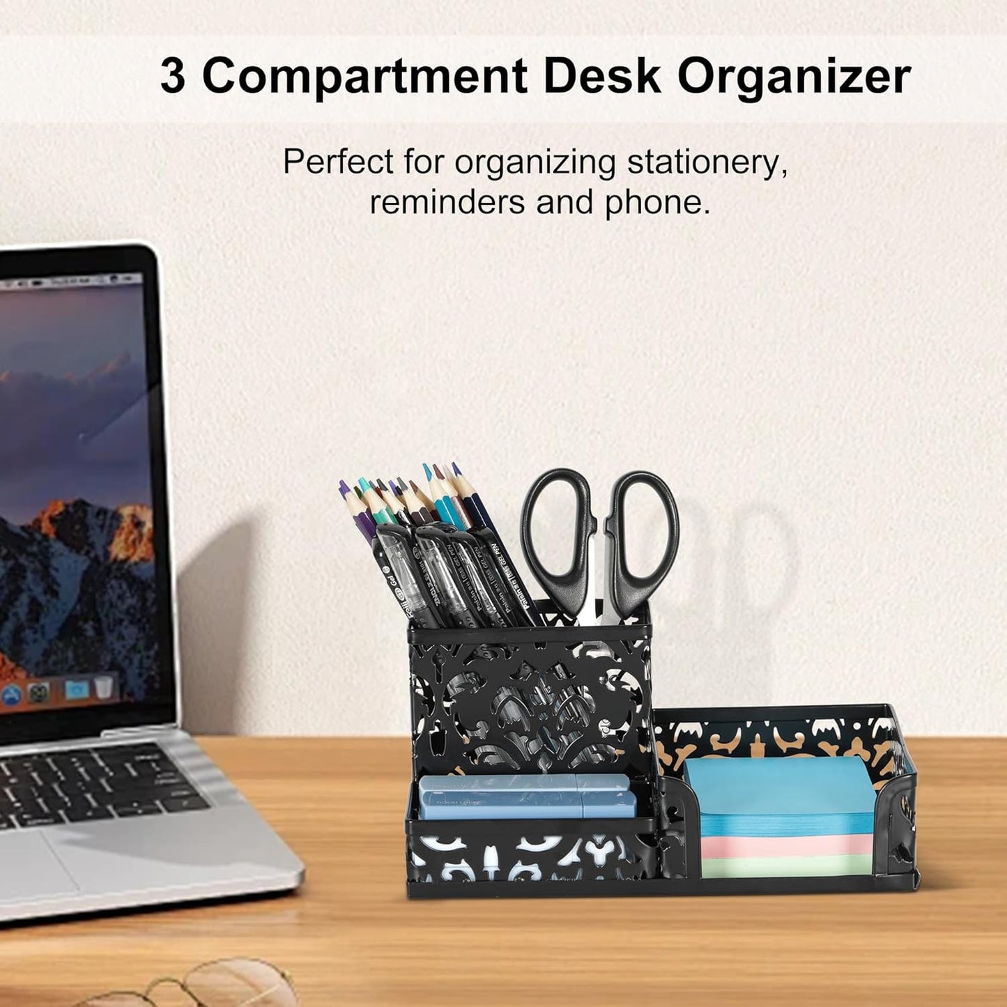 EasyPAG Desk Organizer with 3 Compartment for Pencil Sticky Note Holder and Office Accessories,White