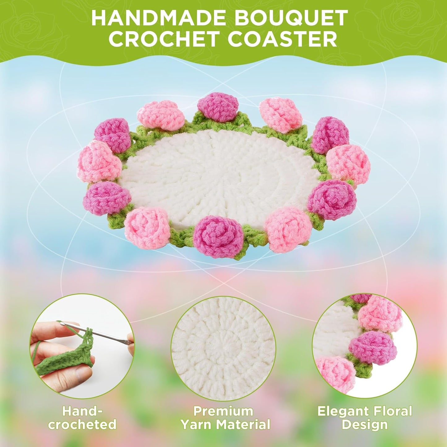 Flower Crochet Coasters, Handmade Bouquet Blanket Coaster with Crochet Plant Pot Fun Soft Decorative Drink Coasters for Coffee Tabletop Protection and Home Decor (Pink, 1Pc)