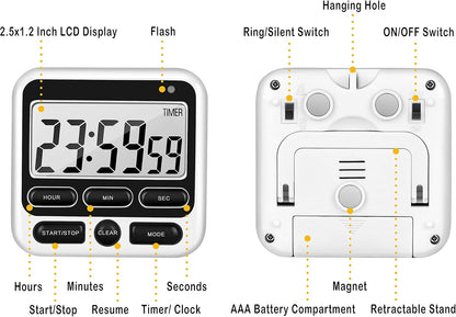 KTKUDY Digital Kitchen Timer with Mute/Loud Alarm Switch ON/Off Switch, 12-Hour Clock & Alarm, Memory Function Count Up & Count Down for Kids Teachers Cooking, Large LCD Display, Strong Magnet (Black)