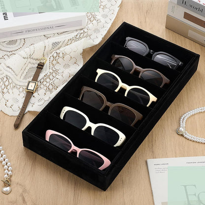 Juexica 2 Pcs Velvet Sunglasses Organizer Tray 6 Grid Sunglass Organizer Velvet Tray Stackable Glasses Display Case for Women Glasses Jewelry Display Watch (Beige)