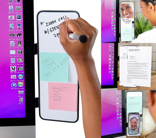 Multi-Use Laptop and Monitor Memo Board; 11.8" x 4.3" Magnetic Whiteboard, White Brackets, Marker, Mirror, and 4 Magnets Included; Document Holder; Small Dry Erase Board; Sticky Note Holder