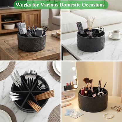 Round Leather Art Supply Organizer,Remote Control Holder,360 Degree Rotating,Multi-Functional Pencil Holder,4 Compartments Desktop Stationary Organizer(1-Fractal Flower) | Round - Colors C