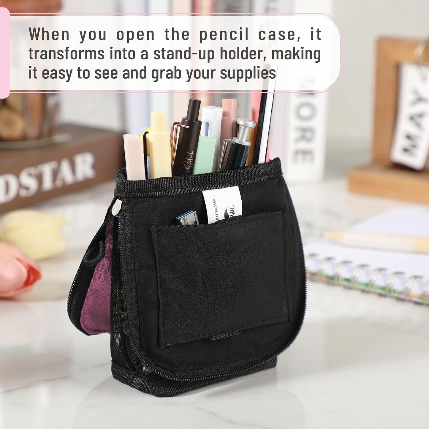 Mr. Pen- Standing Pencil Case Pouch, Sit & Lay Mesh-View Design, Black & Gray, Interior Pocket & 2 Elastic Binder Loops, Cute Pencil Case for Girls and Boys