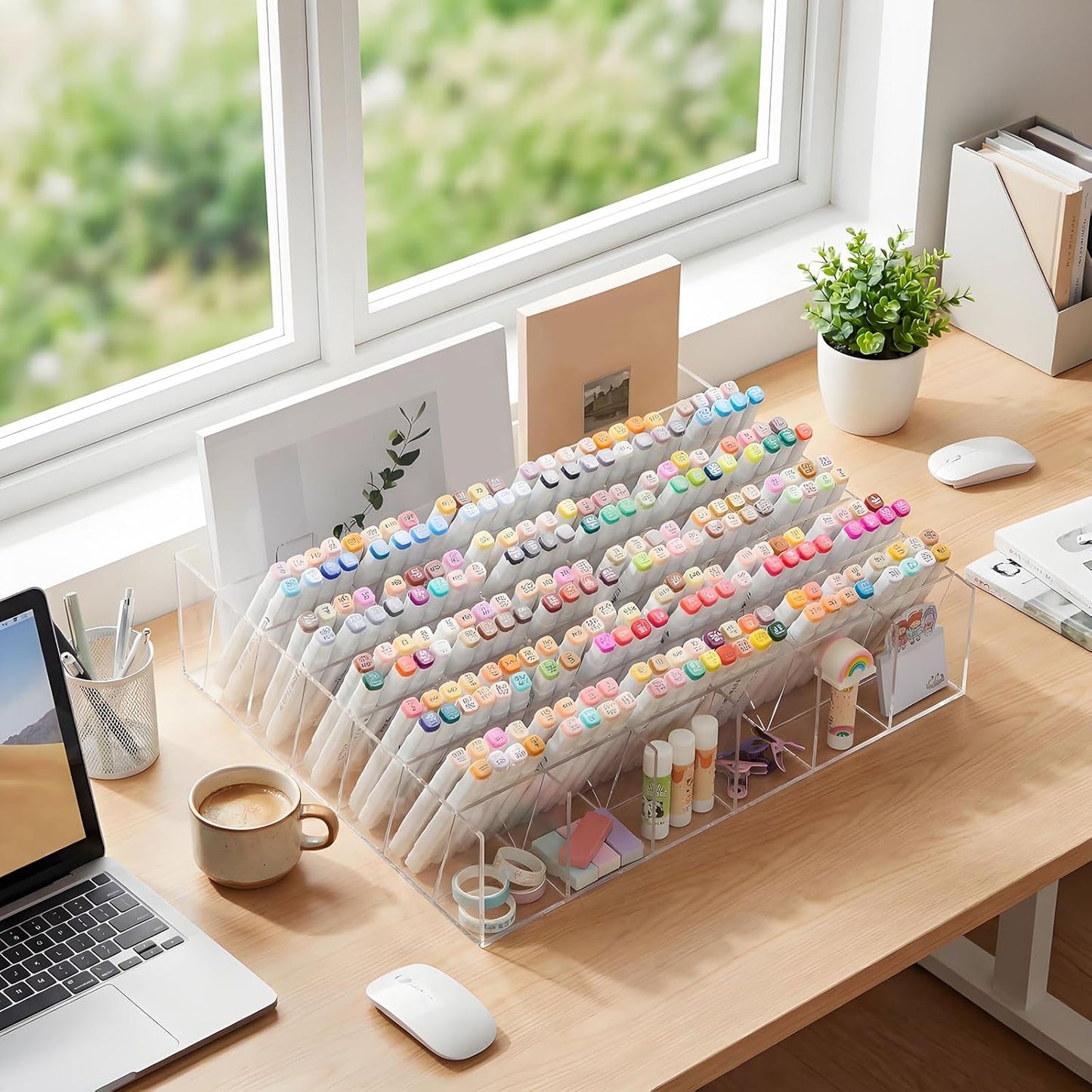 MotiMind Acrylic Pen Organizer Storage for 250 Markers Vertical Marker Organizer Acrylic Pen Display Holder for Office Desk Desktop Stationery Pencil Storage, Clear, 13 x 4 x 12.4 Inch