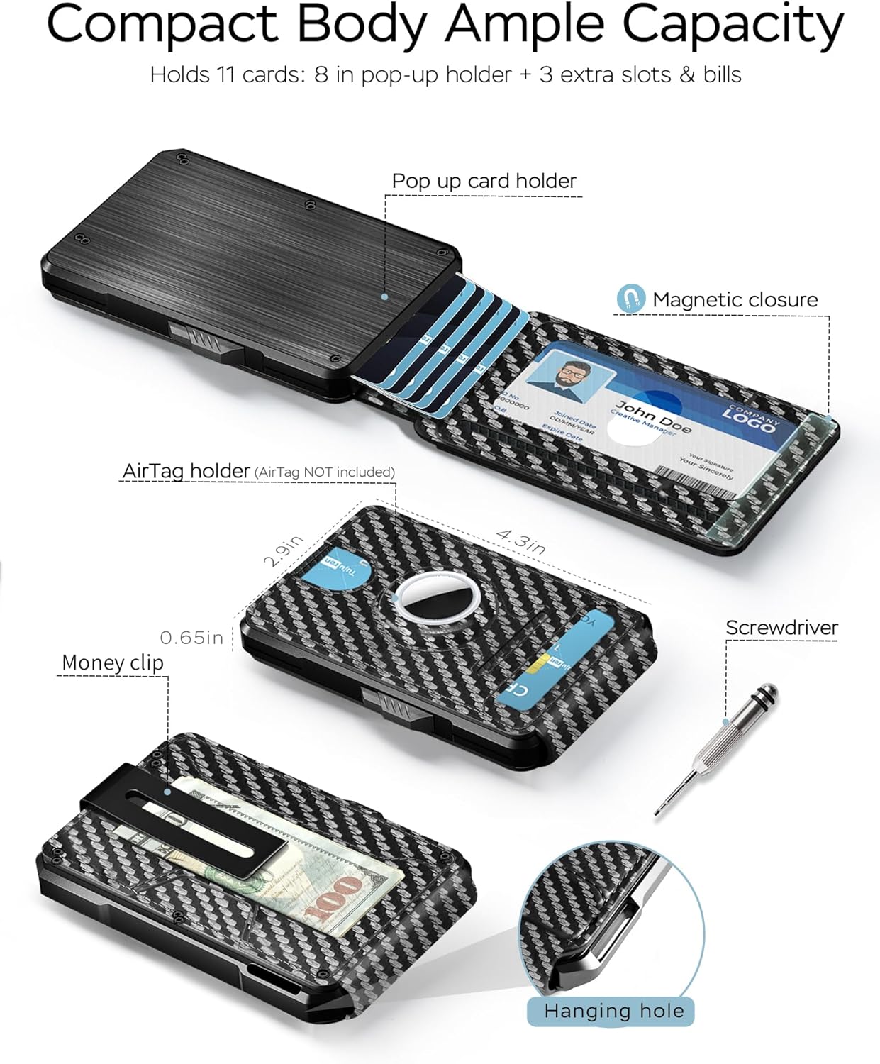RFID Wallet for Men with AirTag Holder - Brushed Aluminum Pop Up Card Holder, Slim Money Clip Wallet Fits Front Pocket with ID Window, Holds 11 Cards and Cash, Gift for Men