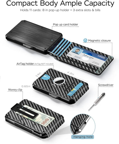 RFID Wallet for Men with AirTag Holder - Brushed Aluminum Pop Up Card Holder, Slim Money Clip Wallet Fits Front Pocket with ID Window, Holds 11 Cards and Cash, Gift for Men
